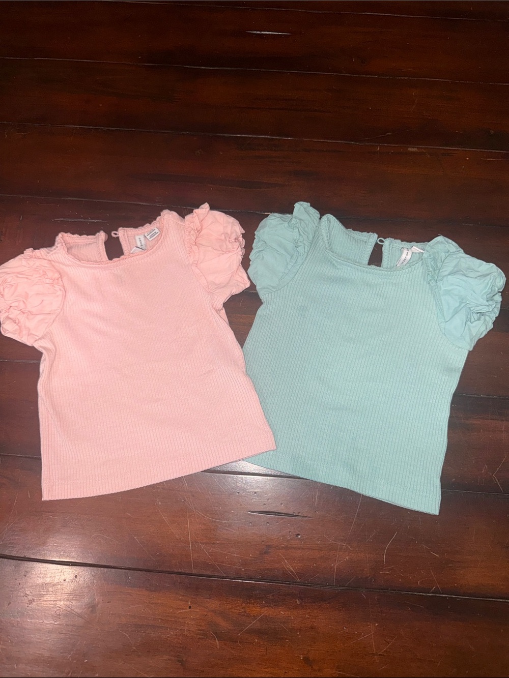 Janie and Jack Puff Sleeve Ribbed Tees - Pink & Mint